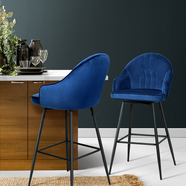 Artiss Set Of 2 Bar Stools Kitchen Dining Chairs Velvet Barstool Blue Mesial