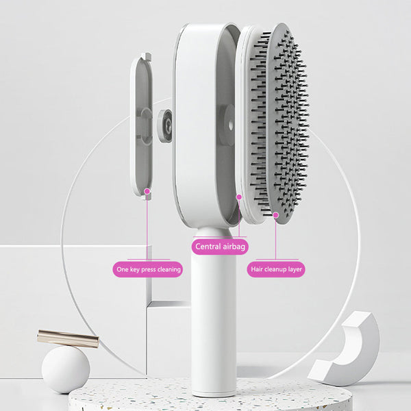 One-Press Self Cleaning Hair Brush Standing Base Women