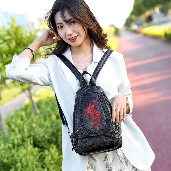 Backpack Embroidery Pu Leather Backpacks For Women Fashion Shoulder Bags Travel School