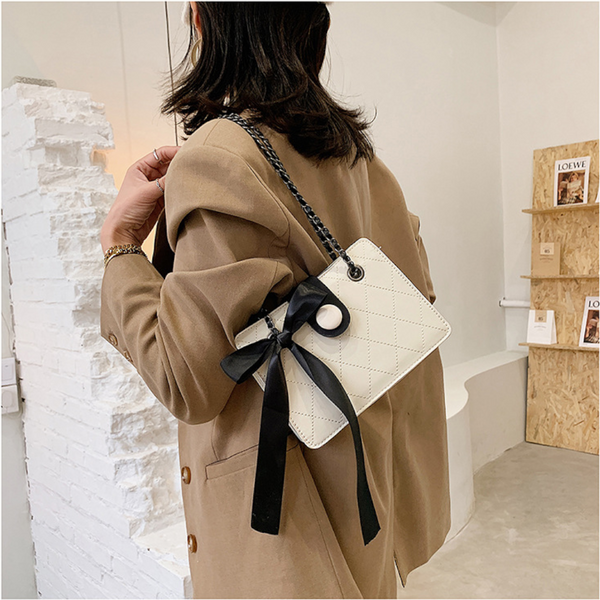 Black Ribbon Design Pu Leather Crossbody Shoulder Women Luxury Bag Handbags