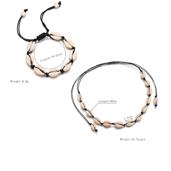 Bohemian Style Handmade Woven Adjustable Boho Natural Shell Necklace Bracelet Set