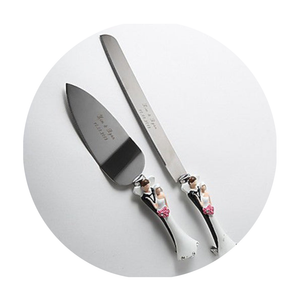 Bride Groom Cake Server Set Wedding Knife And Silver Blade Boxed - Handles