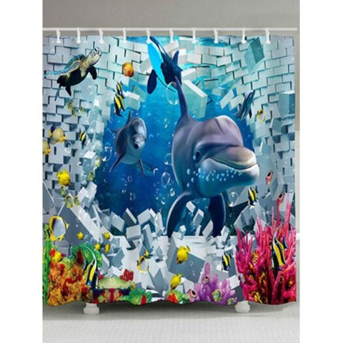 Broken Wall Dolphin Sea Print Bath Shower Curtain Blue W59 Inch L71