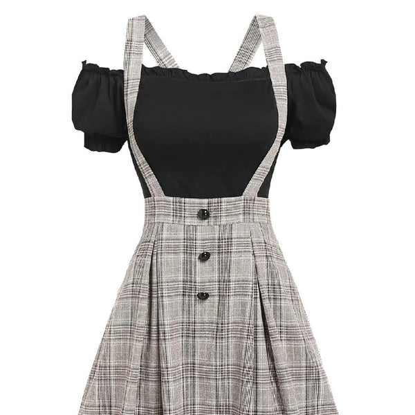 Mid-Waist Check Overall Dress Pure Color Cotton T-Shirt