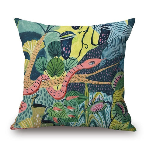 Cartoon Rainforest A Snake On Cotton Linen Pillow Cover