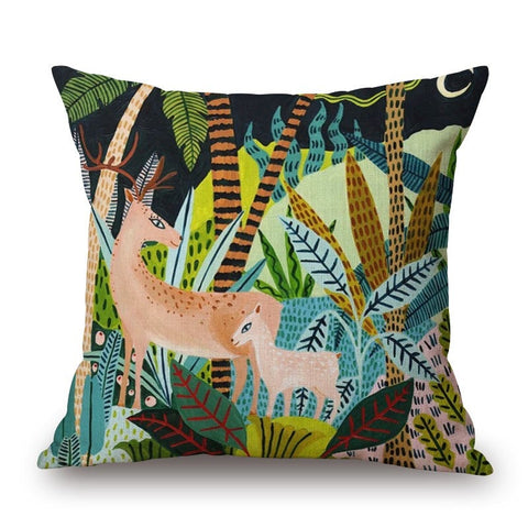 Cartoon Rainforest Deers On Cotton Linen Pillow Cover