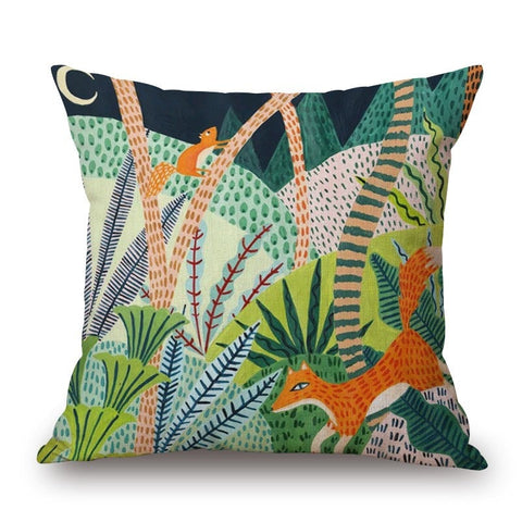 Cartoon Rainforest Foxes On Cotton Linen Pillow Cover