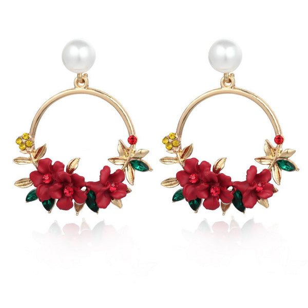 Trendy Cute Pink Flower Earrings For Women Girls Jewelry Female Rhinestone Gold Metal Round Circle Gift