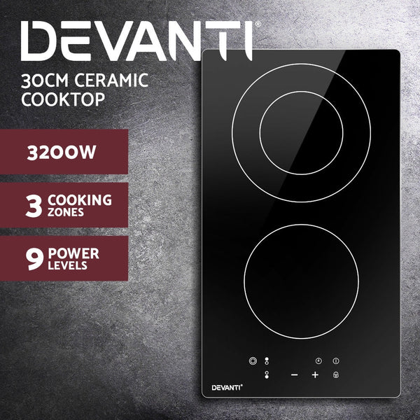 Devanti Electric Ceramic Cooktop 30Cm Kitchen Cooker Top Hob Touch Control 3-Zones
