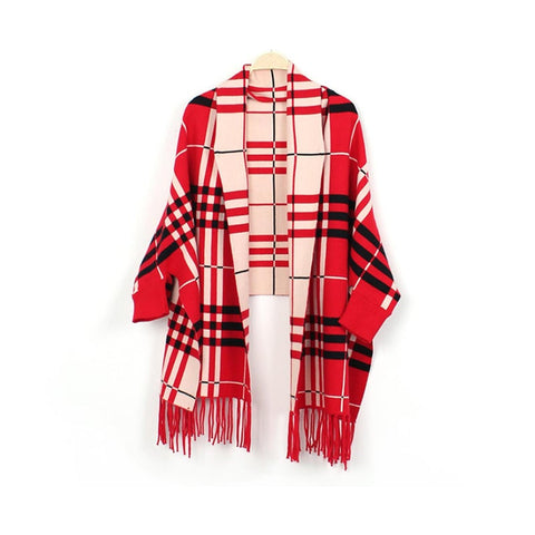 Chequered Shawl Poncho Batwing Sleeve Coat Fringed Autumn And Winter Scarf Red