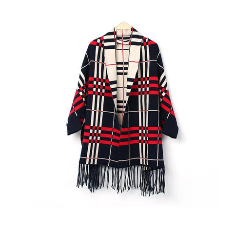Chequered Shawl Poncho Batwing Sleeve Coat Fringed Autumn And Winter Scarf Blue