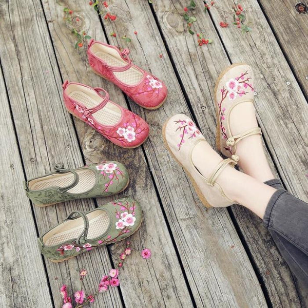 Cherry Blossom Embroidered Flats Women Shoes