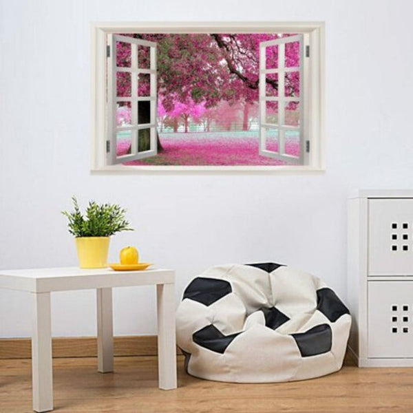 Cherry Blossoms 3D Window Scenery Wall Sticker Home Decor Bedroom Art Pink