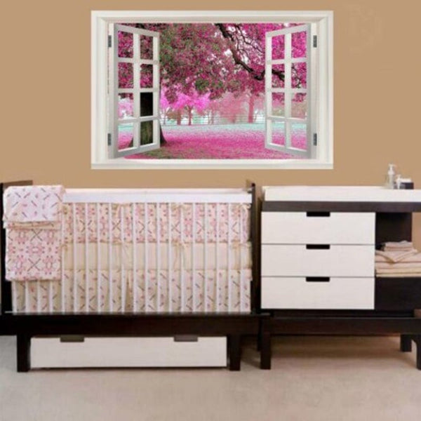 Cherry Blossoms 3D Window Scenery Wall Sticker Home Decor Bedroom Art Pink