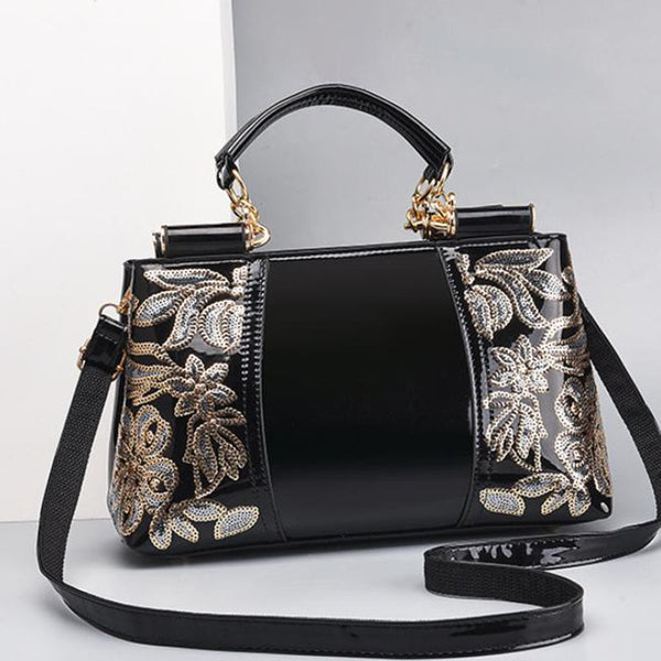 Glossy Leather Sequins Handbags Women Top Handle Purse Satchel Bag