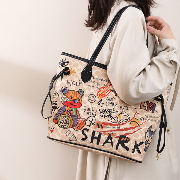 Printed Female Bear Graffiti New Handbag Versatile And Large Capacity
