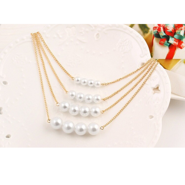 Multi-Layer Womens Pearl Necklace Gold Round Beads Clavicle Chain Sweater