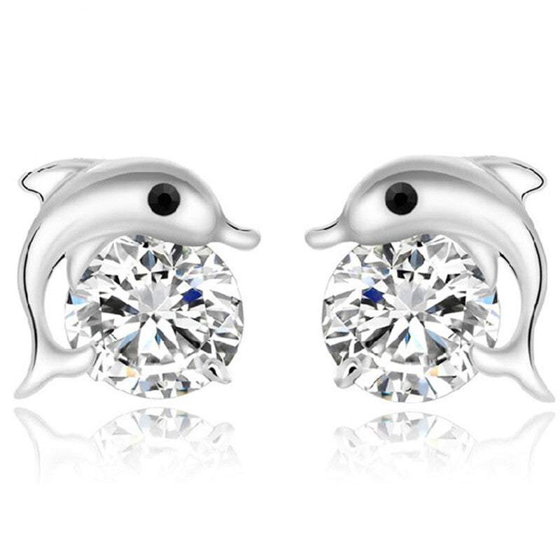 Earrings Cute Dolphin Silver Plated Stud