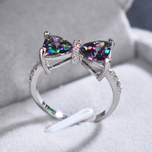 Cute Women Rainbow Bowknot Ring With Crystal Stone Colorful Zircon Engagement
