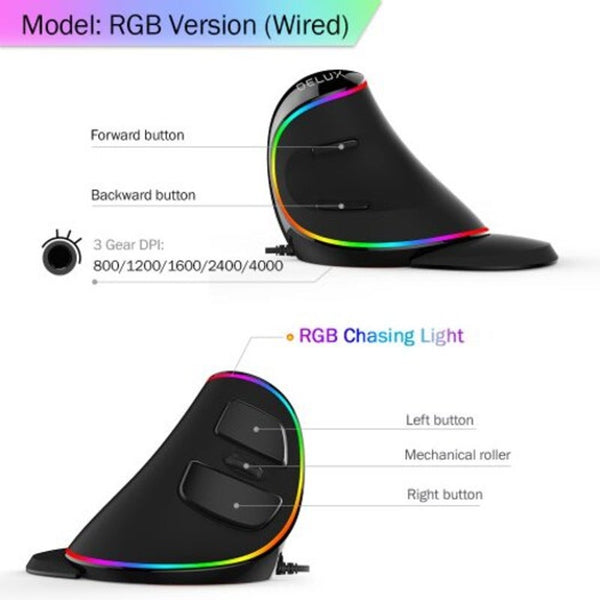 M618 Plus Rgb Wired Vertical Mouse Ergonomic 4000 Dpi Optical Wrist Rest Wireless Black