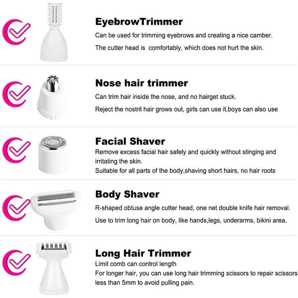 5 In 1 Electric Hair Removal Epilator Wet&Dry Lady Shaver Nose Trimmer Eyebrow Shaper Leg Armpit Bikini Women Razor