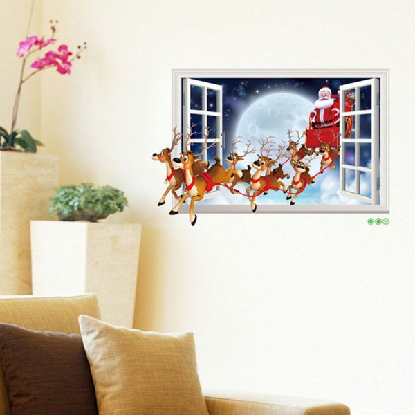 50X70cm Driving Santa Claus Elk 3D Window Wall Christmas Decor Sticker Decal