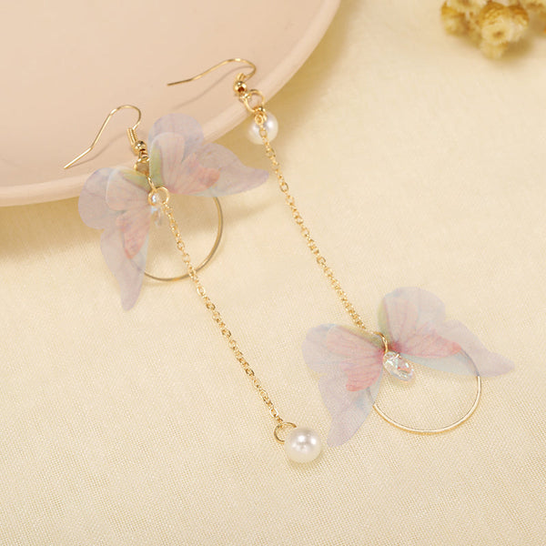 Hot Trendy Fairy Yarn Asymmetric Butterfly Long Earrings For Girl Adornment Alloy Circle Rhinestone Pendient Jewerly