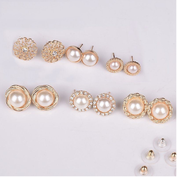 Earrings 6 Pairs Assorted Boho Sea Shell Flower Faux Pearl Stud