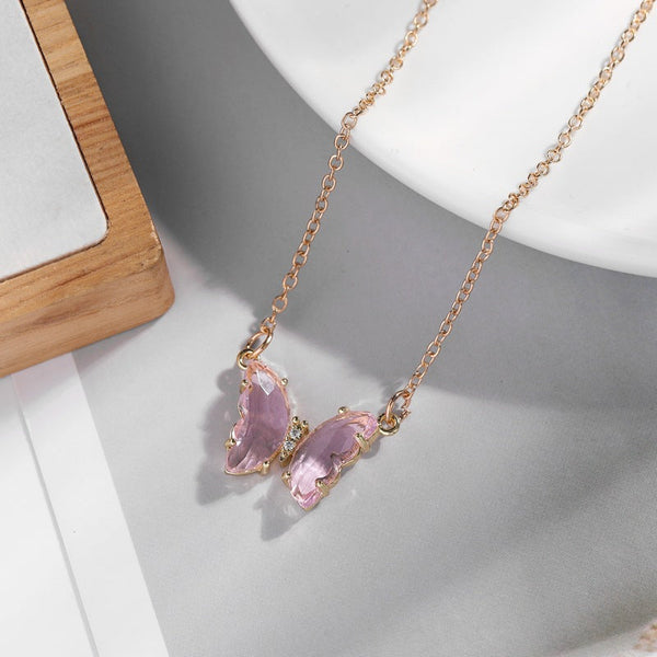 Women's Gold Plated Stainless Steel Crystal Glass Butterfly Pendant Necklace