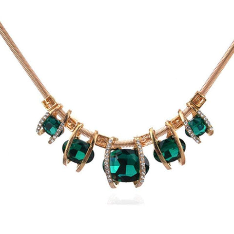 Elegant Green Gemstone Crystal Charm Pendant In Gold Chain Chunky Statement Necklace