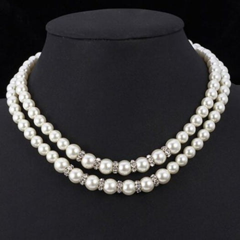 Elegant Rhinestone Two Layered Faux Pearl Necklace For Women White