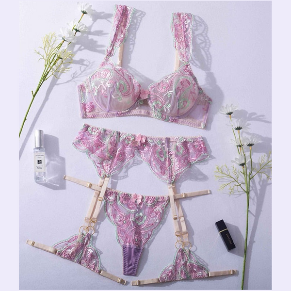 Ellolace Lingerie For Women Garter Fancy Underwear 4-Pieces Floral Embroidery Delicate Outfits Sensual Transparent Exotic Sets