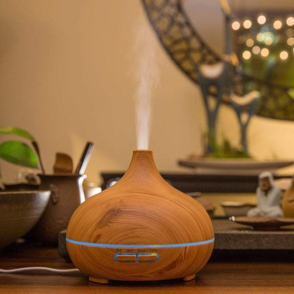 Humidifiers Essential Oil Diffuser 300Ml Wood Grain Ultrasonic Cold Mist Quiet Mute With Colour Led Lights Auto Shut Off Function For Bedroom Home Brown