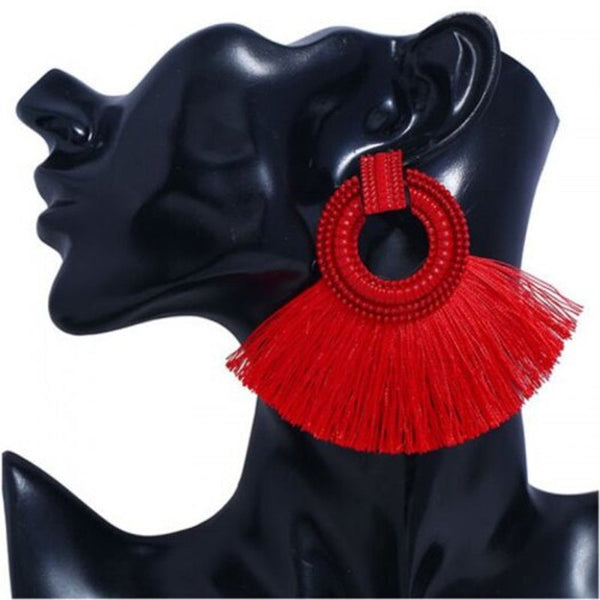European Style Fashion Metal Simple Circle Exaggerated Tassel Drop Earrings Red 1 Pair