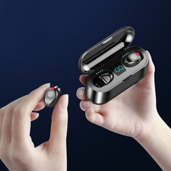 F9 True Wireless Bluetooth 5.0 Earphones Fingerprint Touch Control Led Display Smart Earbuds With Charging Bin Black