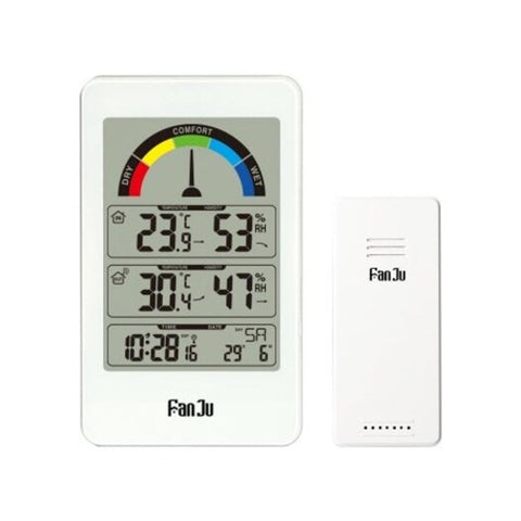 Fj3356 Weather Station Clock With Outdoor Sensor Temperature Humidity Meter Thermometer White