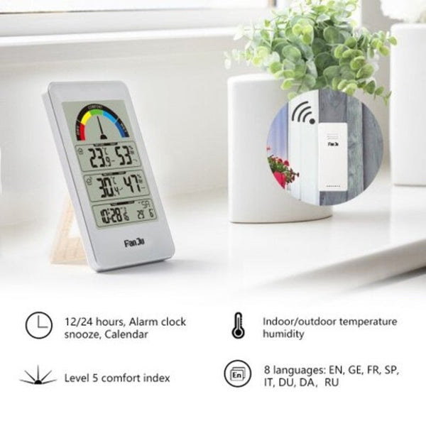 Fj3356 Weather Station Clock With Outdoor Sensor Temperature Humidity Meter Thermometer White