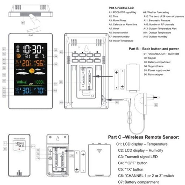 Fj3389 Color Weather Station Digital Thermometer Hygrometer Wireless Sensor Alarm Calendar