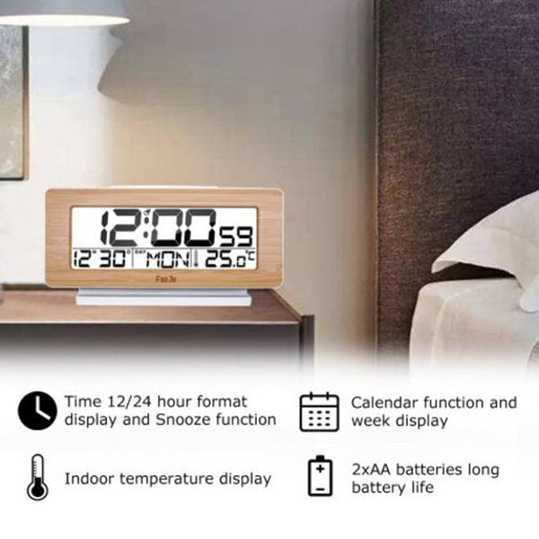 Fj3523 Led Digital Alarm Clock With Temperature Calendar Snooze Backlight Thermometer Wood