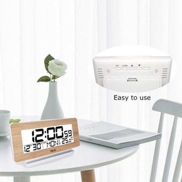 Fj3523 Led Digital Alarm Clock With Temperature Calendar Snooze Backlight Thermometer Wood