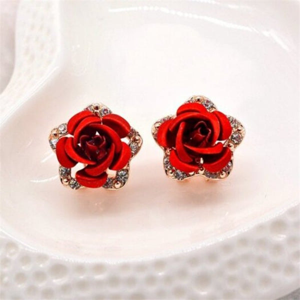 Fashion Alloy Diamond Red Rose Lady Earrings