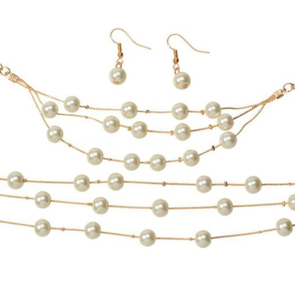 Fashion Gold Multi Layer Pearl Necklace Earrings Bracelet Set