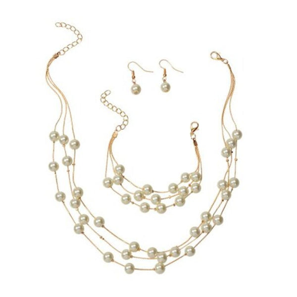 Fashion Gold Multi Layer Pearl Necklace Earrings Bracelet Set