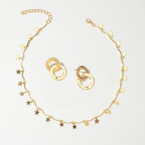 Fashion Gold Star Chain Necklace And Round Ring Pendant Earrings