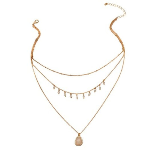Fashion Gold Three Layer Water Drop Flash Diamond Pendant Necklace 1Pc