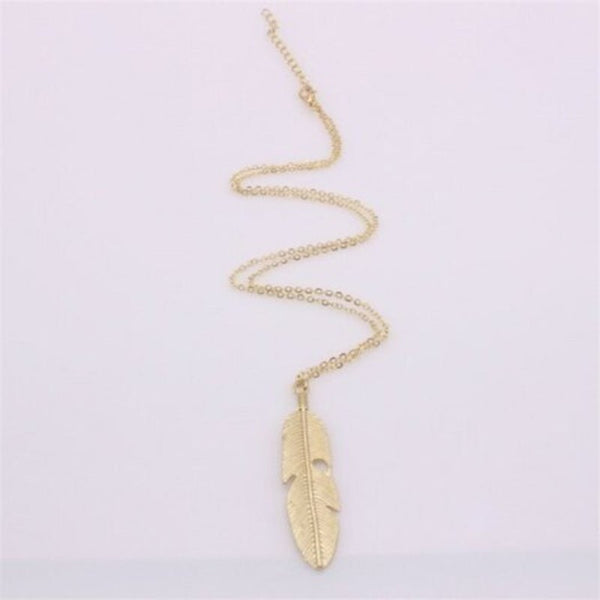 Fashion Long Metal Leaf Feather Clavicle Sweater Chain Gold