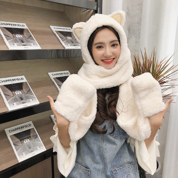 Cute Cat Ears Plush Scarf Hood With Hand Warmers Women Winter