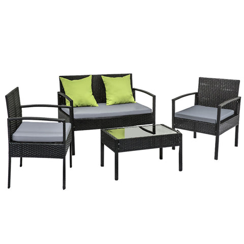 Gardeon 4 Seater Sofa Set Outdoor Furniture Lounge Setting Wicker Chairs Table Rattan Lounger Bistro Patio Garden Cushions Black