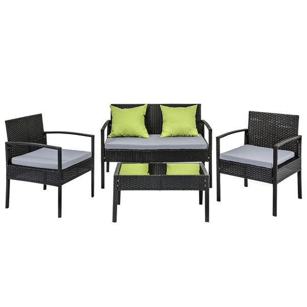 Gardeon 4 Seater Sofa Set Outdoor Furniture Lounge Setting Wicker Chairs Table Rattan Lounger Bistro Patio Garden Cushions Black