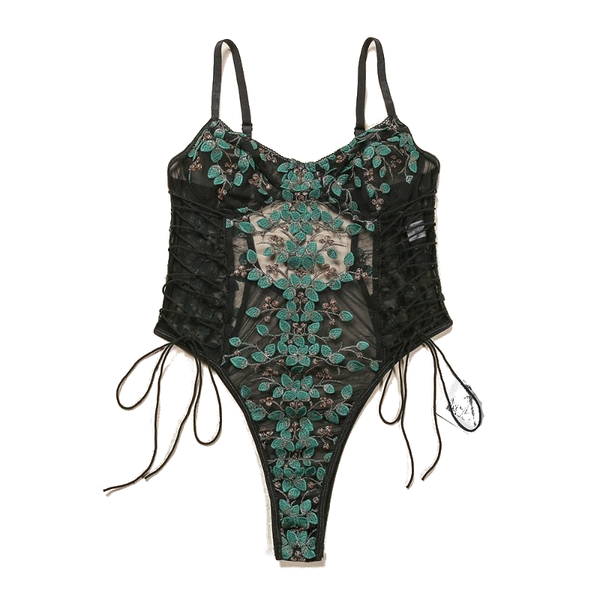 Floral Embroidery Mesh Lace Up Sexy Bodysuit Lingerie Women